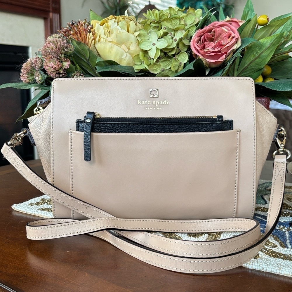 Kate Spade Genuine Leather Adelia Crossbody Satchel Beige Black Neutral Purse